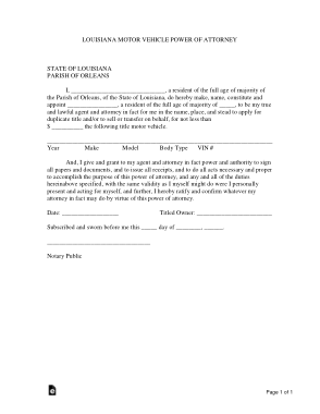 Louisiana Motor Vehicle Power Of Attorney Form Template