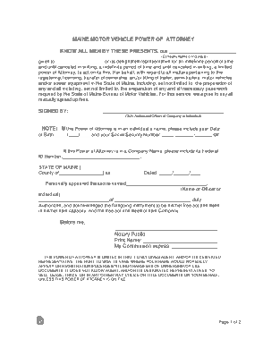 Maine Motor Vehicle Power Of Attorney Form Template