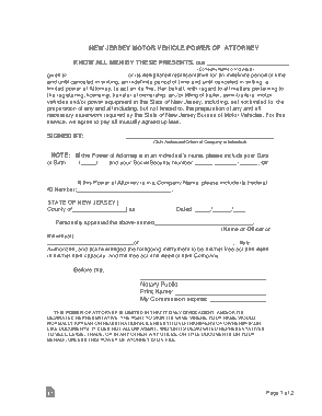 New Jersey Motor Vehicle Power Of Attorney Form Template