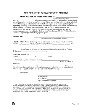New York Motor Vehicle Power Of Attorney Form Template