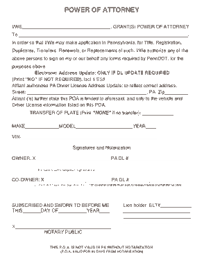 Pennsylvania Motor Vehicle Power Of Attorney Form Template