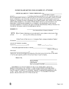 Rhode Island Motor Vehicle Power Of Attorney Form Template