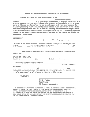 Vermont Motor Vehicle Power Of Attorney Form Template