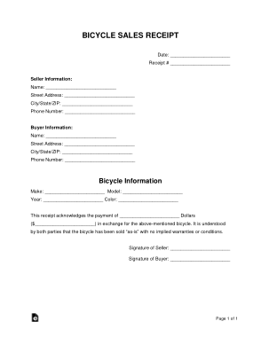 Bicycle Sales Receipt Form Template