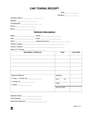 Car Towing Receipt Form Template