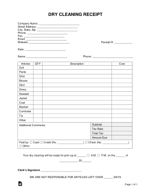 Dry Cleaning Receipt Form Template
