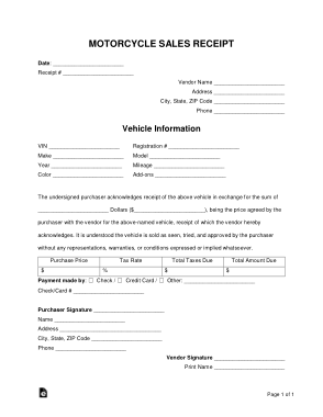 Motorcycle Sales Receipt Form Template