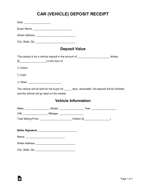Vehicle Purchase Deposit Receipt Form Template
