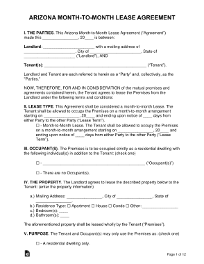 Arizona Month To Month Rental Agreement Form Template