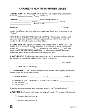 Arkansas Month To Month Rental Agreement Form Template