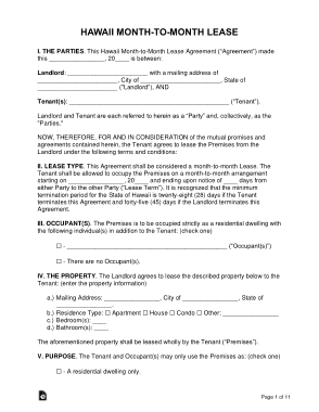 Hawaii Month To Month Rental Agreement Form Template