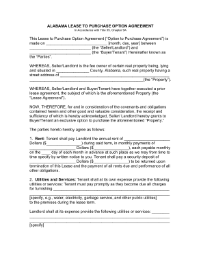 Alabama Lease To Own Option To Purchase Agreement Form Template