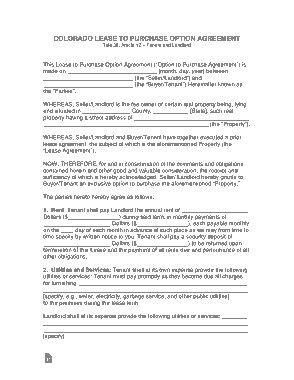 Colorado Lease To Own Option To Purchase Agreement Form Template