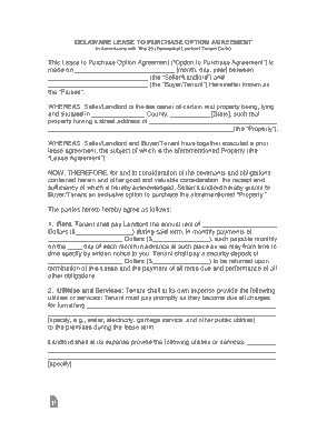 Delaware Lease To Own Option To Purchase Agreement Form Template