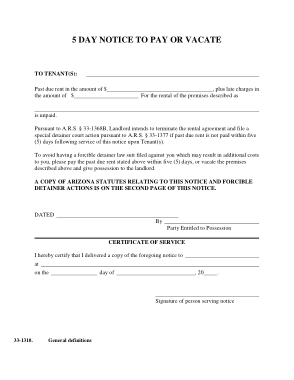 Arizona 5 Day Notice To Quit Nonpayment Of Rent Form Template