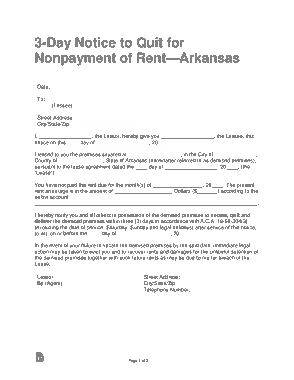 Arkansas 3 Day Notice To Pay Or Quit Form Template