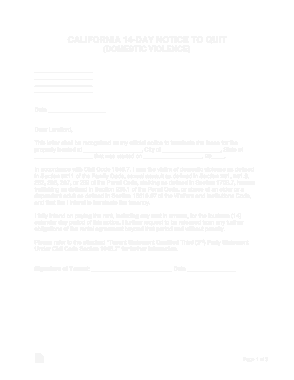 California 14 Day Notice To Quit Domestic Violence Form Template