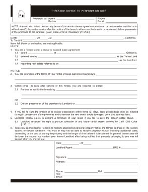 California 3 Day Notice To Quit Curable Form Template