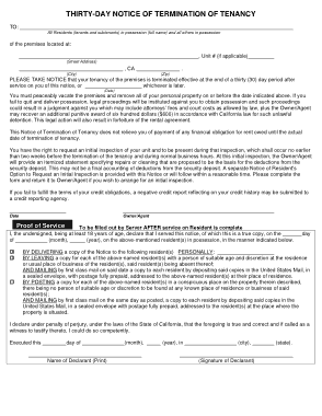 California Thirty Day Notice To Quit Form Template
