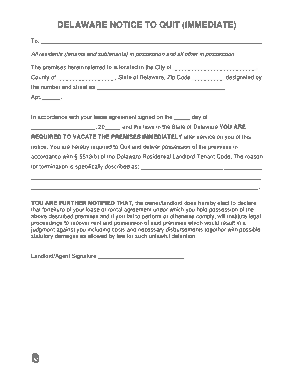 Delaware Immediate Notice To Quit Form Template