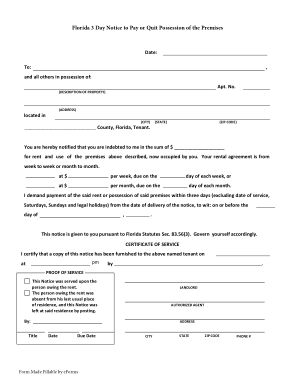 Florida 3 Day Notice To Pay Or Quit Form Template