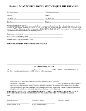 Hawaii 5 Day Notice To Quit Nonpayment Of Rent Form Template