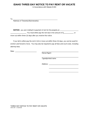 Idaho 3 Day Notice To Quit Form Nonpayment Cao Ud 1 Form Template