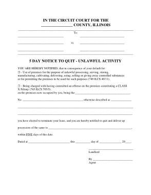 Illinois 5 Day Notice To Quit Form Unlawful Activity Form Template
