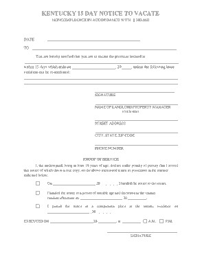 Kentucky 15 Day Notice To Quit Form Noncompliance Form Template