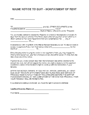 Maine 7 Day Notice To Quit Nonpayment Of Rent Form Template