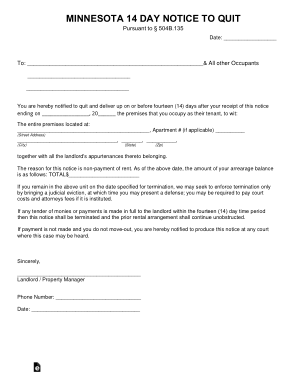 Minnesota 14 Day Notice To Quit Nonpayment Form Template