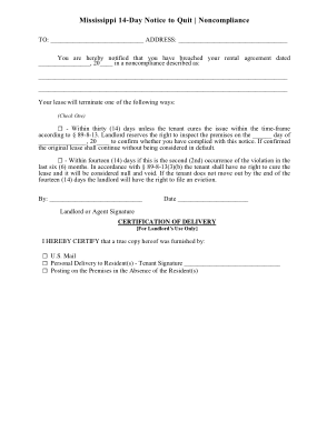 Mississippi 14 Day Notice To Quit Noncompliance Form Template