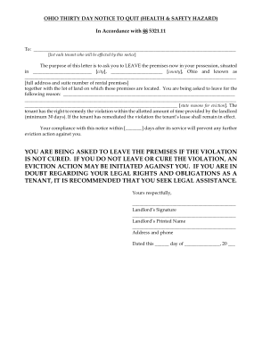 Ohio 30 Day Notice To Quit Health Safety Hazard Form Template