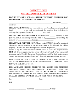 Oklahoma 5 Day Notice To Quit Nonpayment Form Template