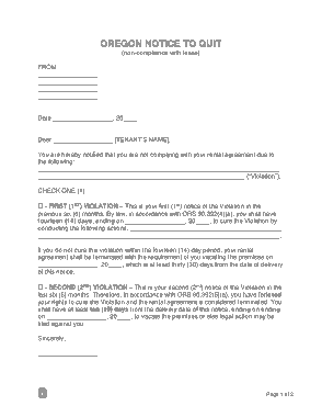 Oregon 14 Day Notice To Quit Form Template