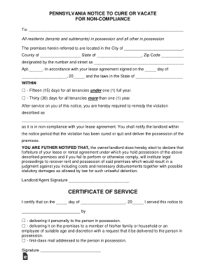 Pennsylvania 15 30 Day Notice To Quit Noncompliance Form Template