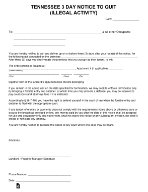 Tennessee 3 Day Notice To Quit Illegal Activity Form Template