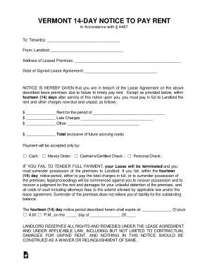 Vermont 14 Day Notice To Quit Nonpayment Form Template