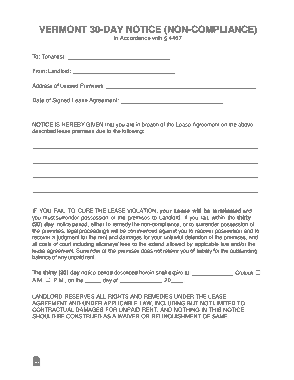 Vermont 30 Day Notice To Quit Noncompliance Form Template
