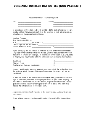 Virginia 14 Day Notice To Quit Form Nonpayment Form Template