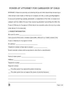 Texas Minor Child Power Of Attorney Form Template