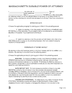 Massachusetts Durable Financial Power Of Attorney Form Template