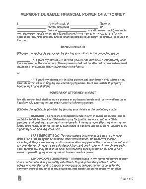 Vermont Durable Financial Power Of Attorney Form Template