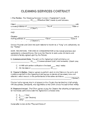 Cleaning Services Contract Form Template