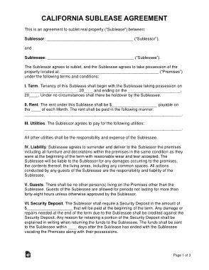 California Sublease Agreement Form Template