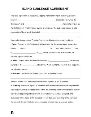 Idaho Sublease Agreement Form Template