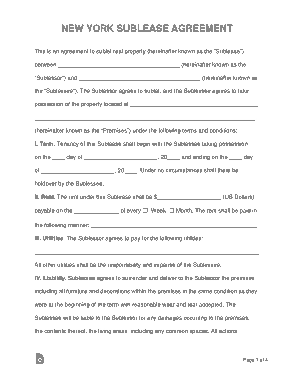 New York Sublease Agreement Form Template