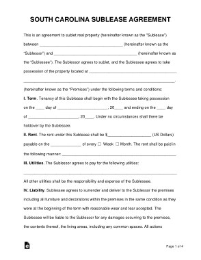 South Carolina Sublease Agreement Form Template