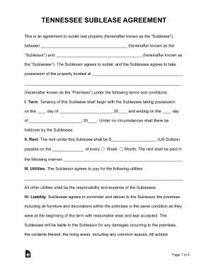 Tennessee Sublease Agreement Form Template