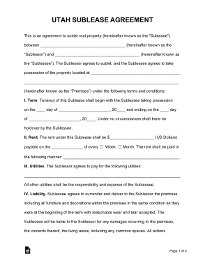 Utah Sublease Agreement Form Template